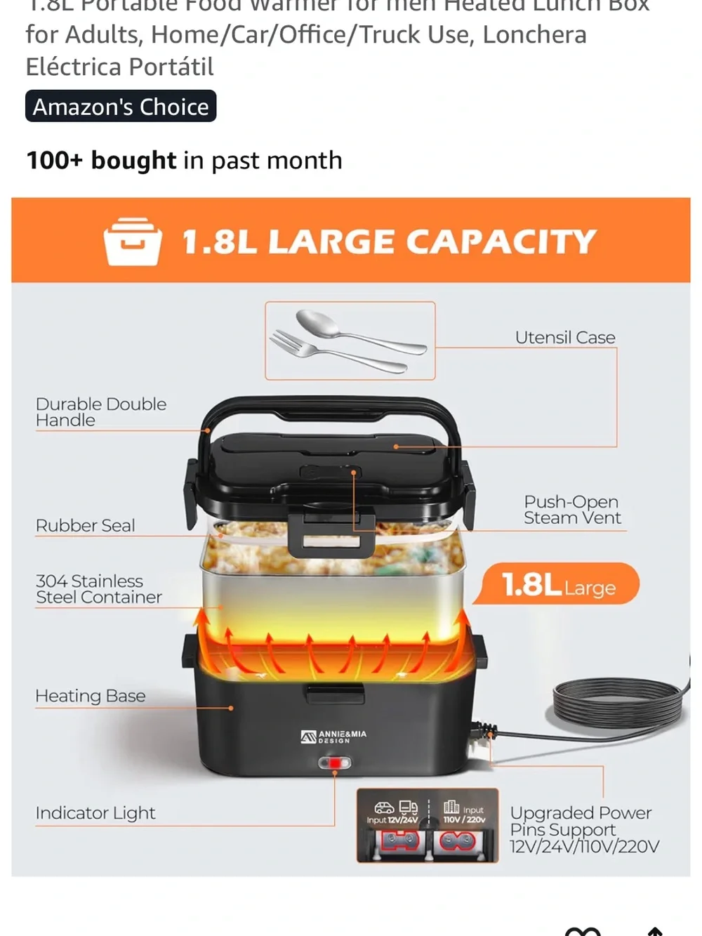 Annie & Mia Electric Lunch Box - Black & Orange (1.8L)